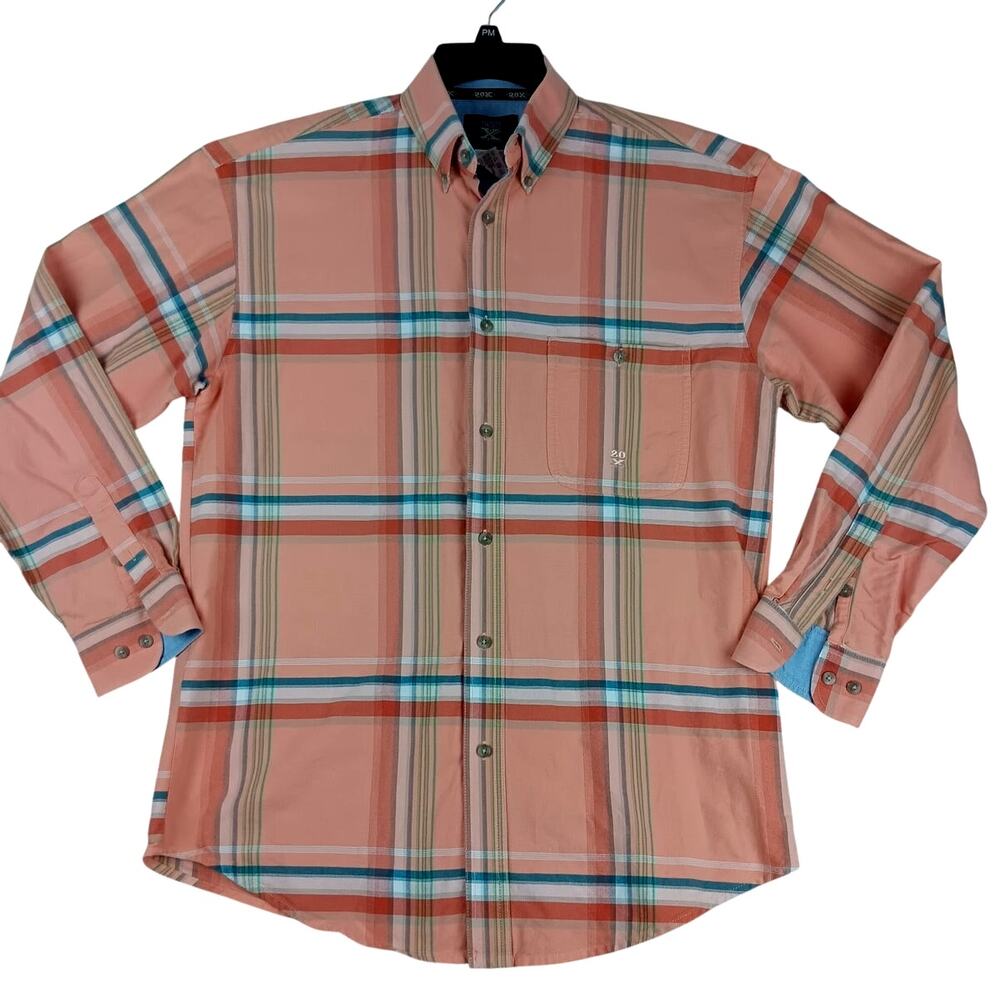 Wrangler 20X Button‎ Down Shirt Mens Medium Orange Plaid Logo Cowboy Dress